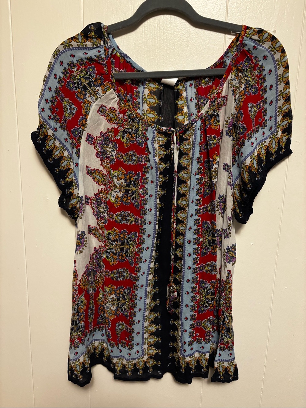Bila Boho Paisley Peasant Top - Red, Light Blue & Black
